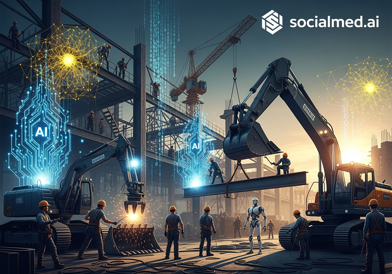 Futuristic AI-powered construction site with intelligent automation and data visualization